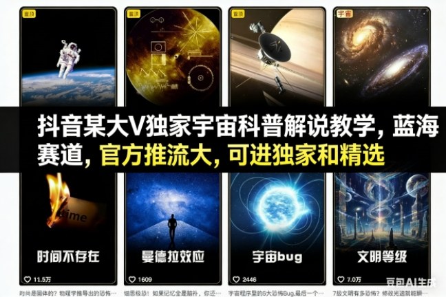 抖音某大V独家宇宙科普解说教学，蓝海赛道，官方推流大，可进独家和精选-小目标云网创