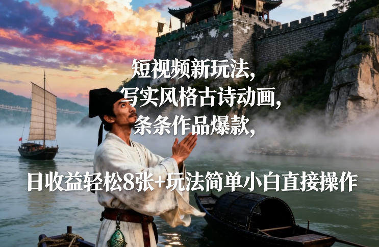 短视频新玩法，写实风格古诗动画，条条作品爆款，日收益轻松8张+玩法简单小白直接操作-小目标云网创